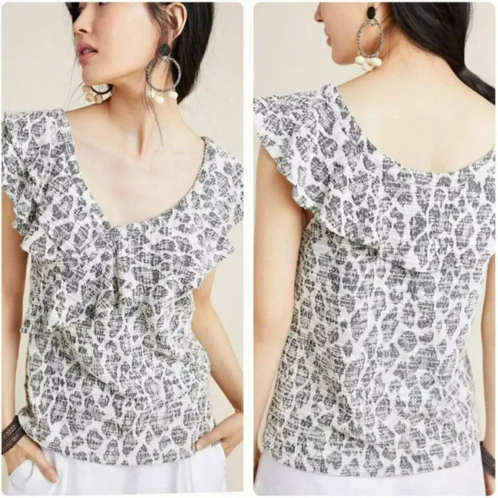 Anthropologie Dolan Savannah Ruffled Blouse Gray White Snow Leopard Print XS - Picture 1 of 9